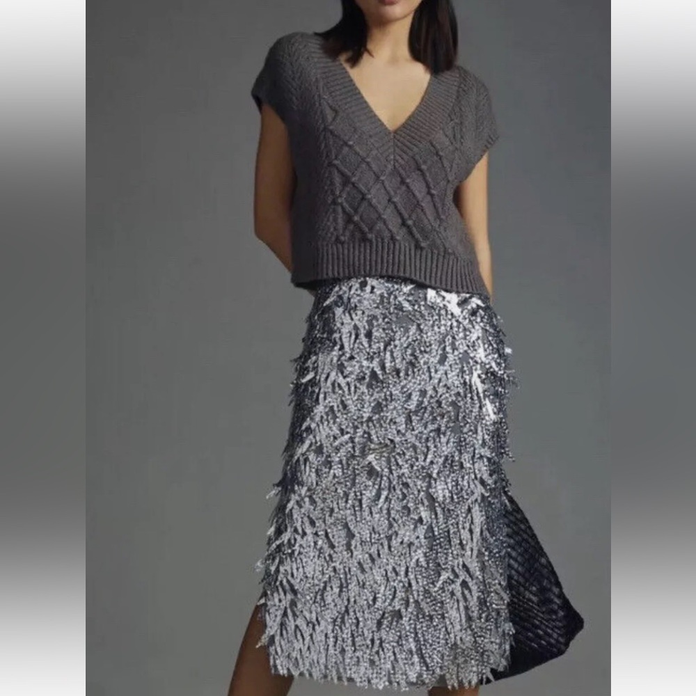 ANTHROPOLOGIE FRINGE SEQUIN PENCIL MIDI SKIRT OPTIC SILVER 0
